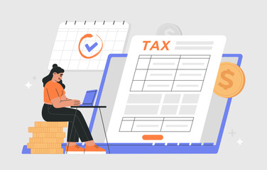 Girl filling tax form using internet, calendar show pay deadline reminder. Online tax submitting system. Hand drawn vector illustration isolated on background, modern flat cartoon style