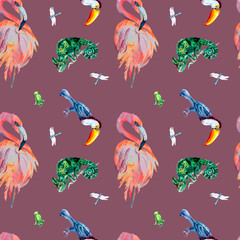 Tropical birds and animals watercolor seamless pattern on pink background.