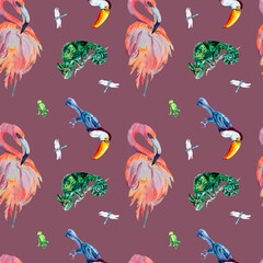 Tropical birds and animals watercolor seamless pattern on pink background. © Ekaterina Lanbina