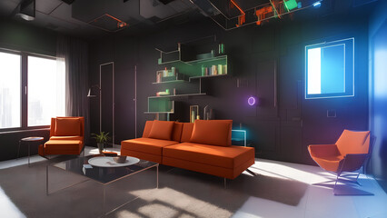 futuristic looking living room with neon lights,steampunk style