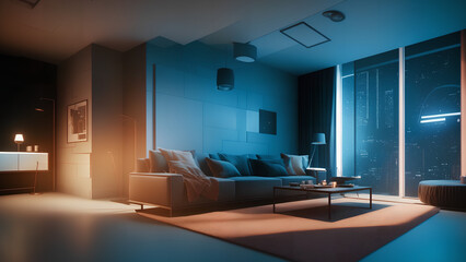 Fototapeta na wymiar futuristic looking living room with neon lights
