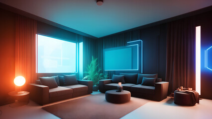 futuristic looking living room with neon lights