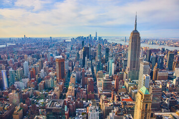 Stunning New York City Manhattan view from above overlooking entire city with Empire State Building