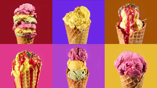 Ice cream of various colors changing at colorful backgrounds. Stop motion of six ice creams. Sweet desserts. Food concept. Colorful ice cream. Different colors. 4K, UHD