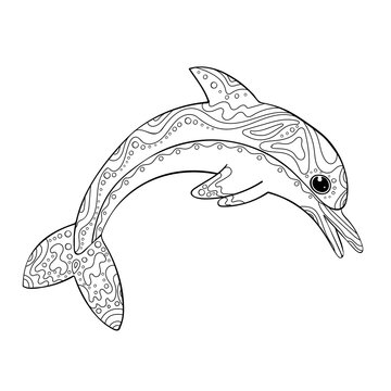Jumping dolphin coloring page in cartoon style with Zentangle ethnic ornament elements. Outline graphic sea animal, line art cute character. 