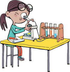 girl with a microscope is doing an experiment and writing down the details