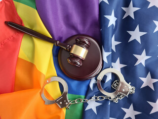 American flag LGBT handcuffs and court. LGBT community law