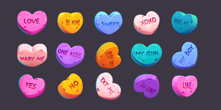 Conversation candies for Valentine day, vector love sweet hearts with romantic messages for boyfriend or girlfriend. Colorful Valentines sugar food collection, Cartoon illustration, isolated icons set