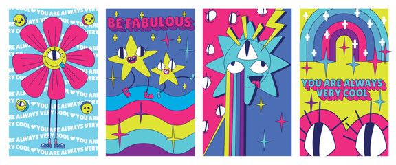 Y2k retro flyers with trippy characters flower and stars on rainbow. Surreal cyberpunk vector illustration in trendy psychedelic style. Abstract motivational posters design with motto