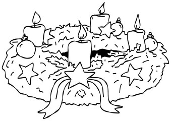 Adventskranz Malvorlage zum Ausmalen, Kerzen brennen