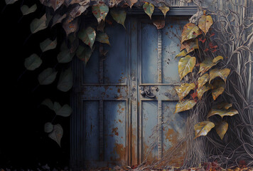 An aged metal door is seen horizontally with a backdrop of crumpled leaves. Generative AI