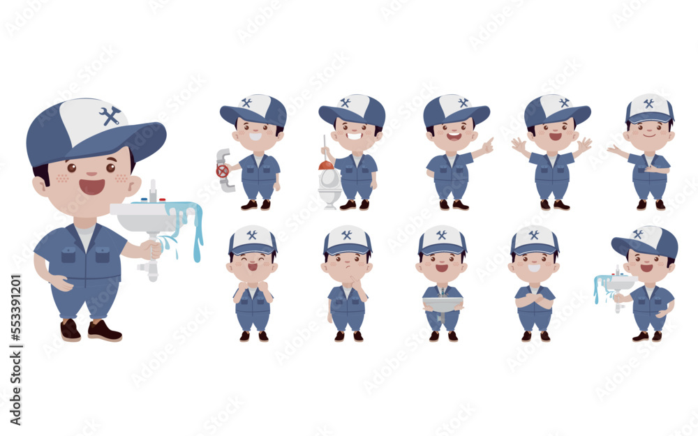 Wall mural Set of plumber with different poses