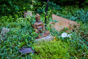 Lone Buddha statue in wild gardens of temple