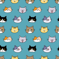 Seamless Pattern with Cartoon Cat Face Design on Blue Green Background