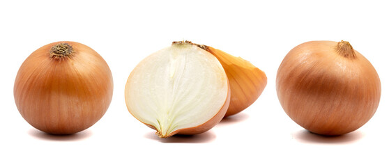 Set of onions images. Onion bulbs isolated. Whole golden onion bulb and a half on white background. Full depth of field. With clipping path