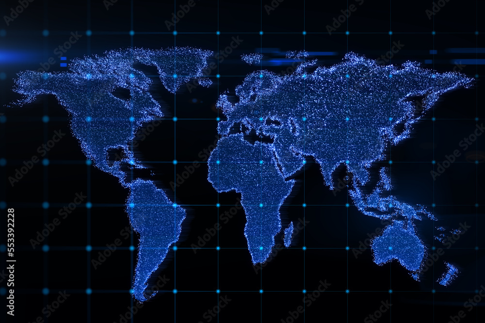 Poster Future and global social network concept with front view on glowing blue digital world map contour on dark technological background. 3D rendering