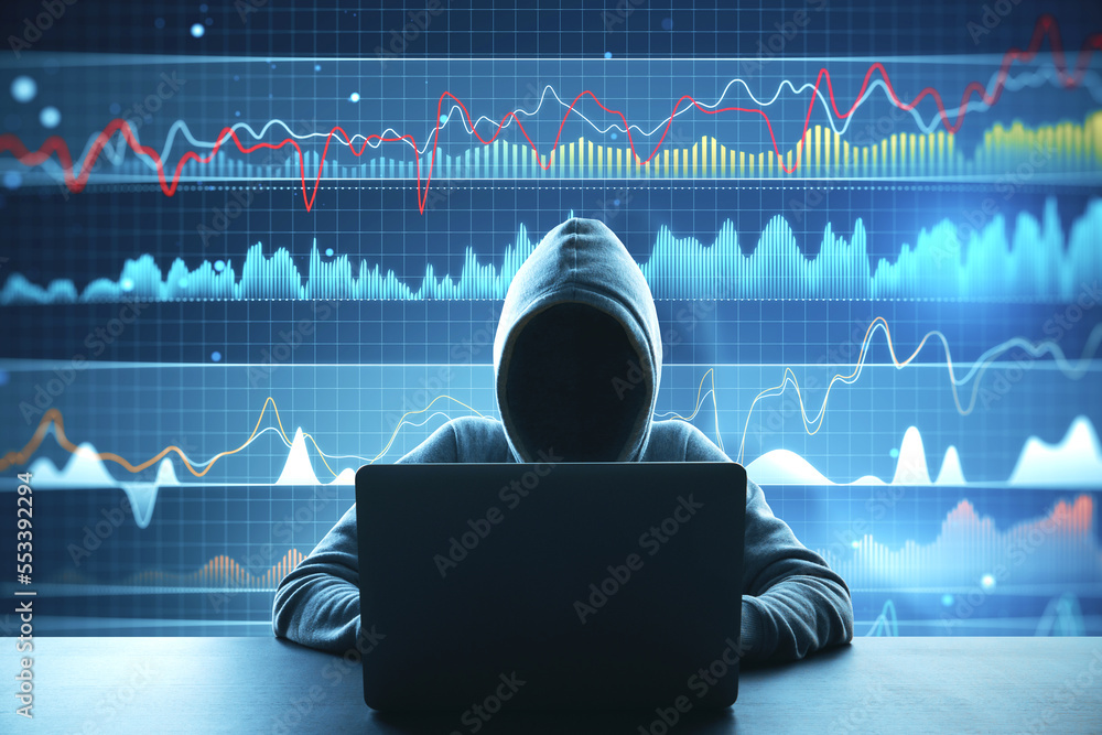 Poster Hacker at desktop using laptop computer with digital business graph hologram on blurry blue background. Trade, data theft, finance and analysis concept.