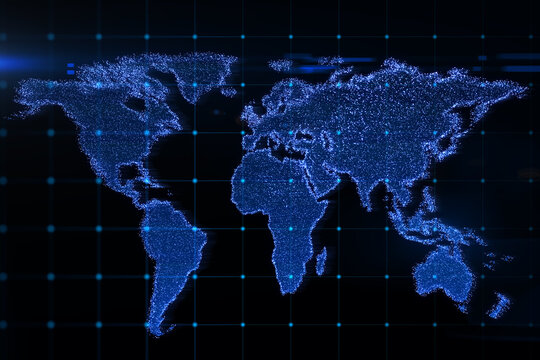 Future and global social network concept with front view on glowing blue digital world map contour on dark technological background. 3D rendering