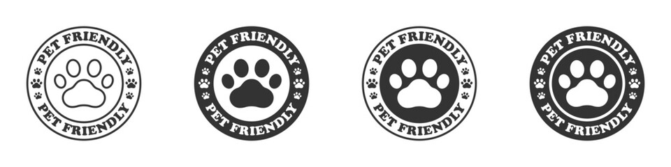 Pet friendly icon. Pet paw logo with pet friendly text. Vector illustration. - obrazy, fototapety, plakaty