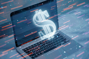 Close up of laptop with glowing dollar hologram on blurry desktop background. Money and digital...