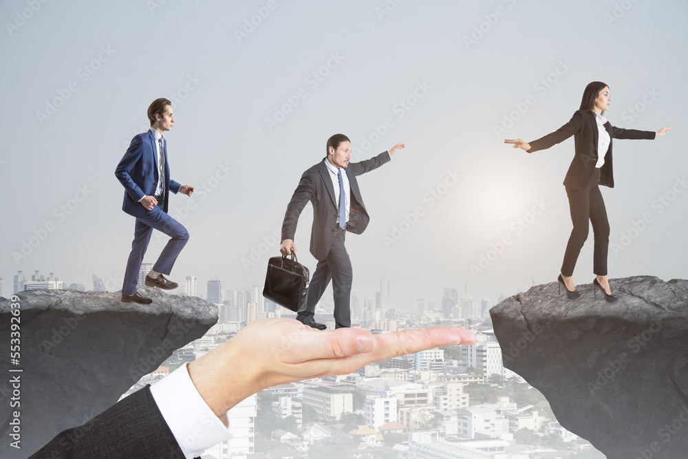 Poster Image of team helping each other walk through obstacle on abstract city background with cliff gap. Teamwork, help, success and union concept.