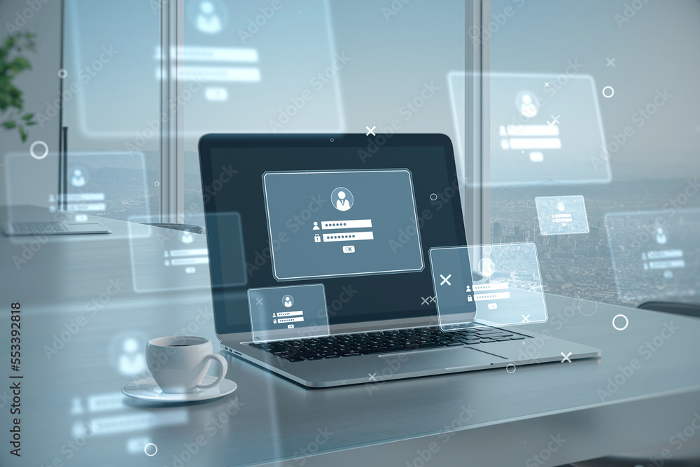 Poster close up of workplace with notebook computer monitor, coffee cup and login details holograms on blur