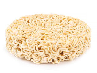 Raw instant noodles, white background, close-up