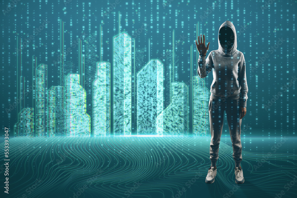 Poster anonymous, cyber security and virtual reality concept with faceless human in hoodie touching digital
