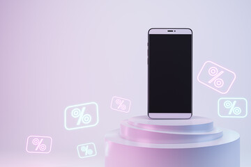 Empty black screen mobile phone on creative pink product display on light background with glowing...