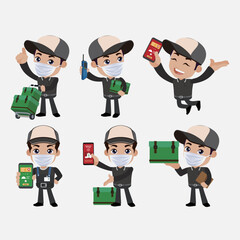 courier man wear protective mask with different poses