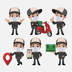 courier man wear protective mask with different poses