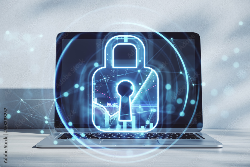 Poster network connection security and privacy protection concept with digital pad lock symbol in a circle 