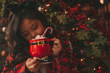Portrait of candid asian smiling little girl hold red Xmas mug with marshmallows and candy cane