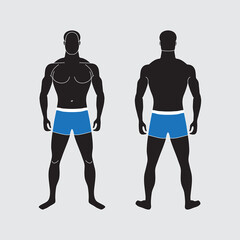 Silhouette of slender man in blue swimming trunks