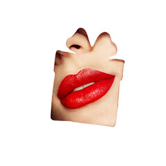 Beautiful Plump Bright Lips Of a Young Beautiful Woman with Red Lipstick Look Into the Pattern of Gift Box, isolated on a white Background. Holiday Patterns
