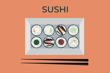Vector icon set of yummy colored sushi rolls. Collection of different flavours and kinds. Traditional Japanese food. Asian seafood group