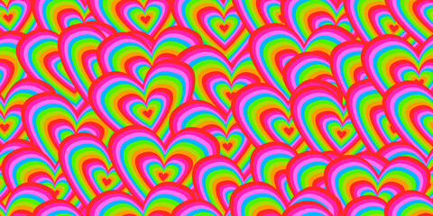 Abstract magenta rainbow trippy psychedelic seamless pattern in 70s hippie style. Colorful vector retro weird background. Crazy psychodelic illustration. Hallucination wallpaper. Vintage party graphic