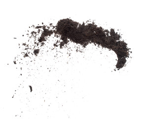 Black Fertilize Soil ready to planting, good organic soils with root for garden farming, fine detail of soil throw fly in air with dust dirty. High speed freeze shot over White background Isolated.