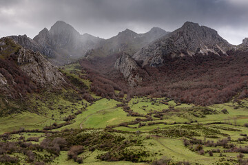 Meadows, beech forests and mountains in the Valle de Anciles in autumn. Riaño Mountain, León,...