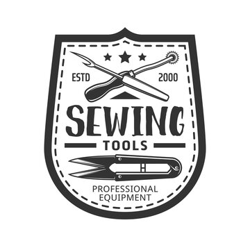 Sewing tools icon or retro symbol with scissors, seam ripper or thread cutter, leather pattern tracing wheel. Tailor or dressmaker tools shop or store vector badge or monochrome icon
