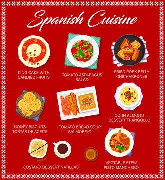 Spanish cuisine restaurant menu page. King cake, tomato asparagus salad and pork belly Chicharrones, corn almond dessert, biscuits Tortas de Aceite and soup Salmorejo, dessert Natillas, Pisto Manchego