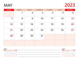 Calendar 2023 template vector on red background, May 2023 template, Planner, week start on Sunday,  Desk calendar 2023 design, minimal wall calendar, Corporate planner template vector