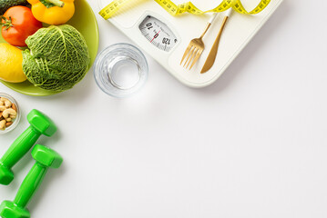 Slimming concept. Top view photo of scales tape measure dumbbells plate with vegetables nuts cutlery and glass of water on isolated white background with copyspace