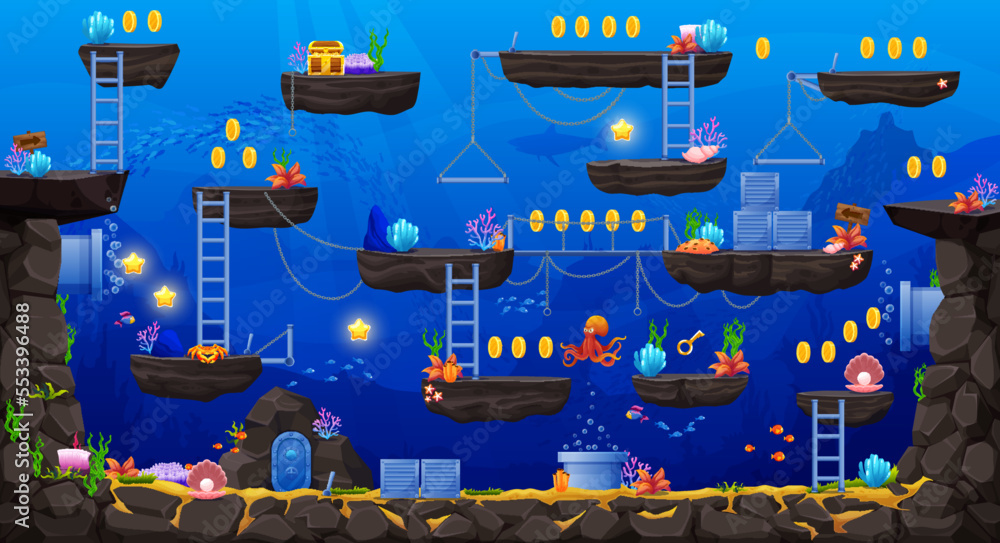 Aufkleber 2d arcade game underwater landscape level map interface. octopus, platform, stairs, coins and treasu
