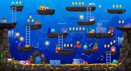 Crédence de cuisine en plexiglas Gris 2 2d arcade game underwater landscape level map interface. Octopus, platform, stairs, coins and treasure icons. Computer or retro console game level vector background with seabed plants and animals