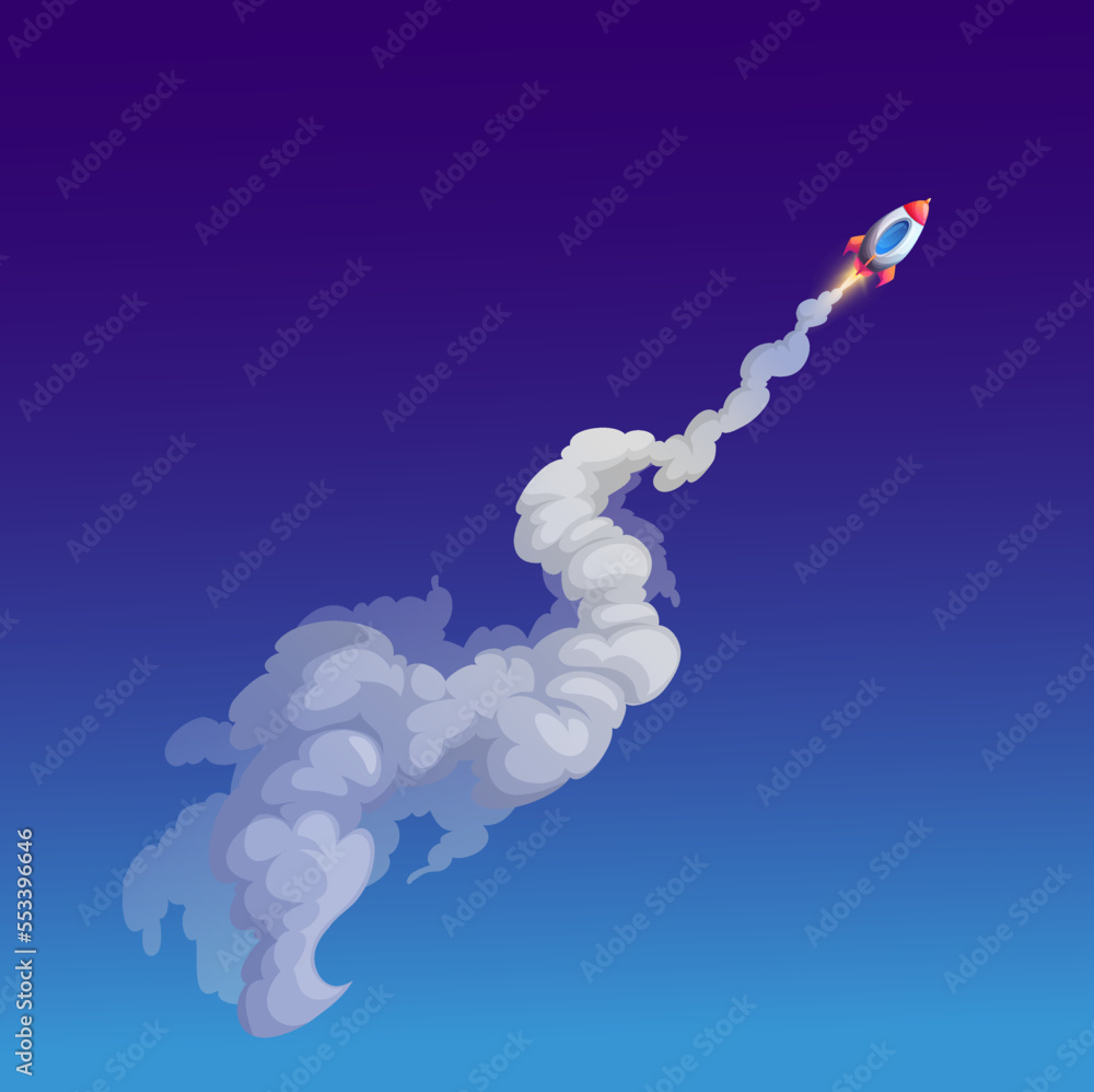 Aufkleber cartoon space rocket and smoke trail. vector starship launch or starting with clouds on dark night s