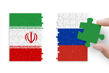 Puzzle made from flags of Russia and Iran. Russia and Iran relations and military collaboration