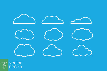 Set of vector cloud icon. Simple outline style. Abstract, decoration element, set of sky symbol, nature concept. Thin line vector illustration isolated on blue background. EPS 10.