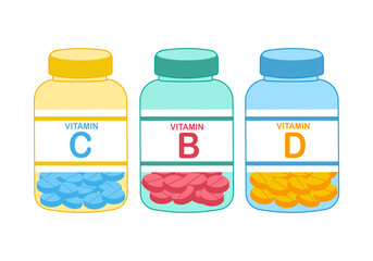 Vitamin tablets in medicine bottles in flat design on white background. 