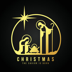 Merry Christmas the savior is born modern gold modern style The Nativity with mary and joseph in a manger with baby Jesus in circle on dark background vector illustration design